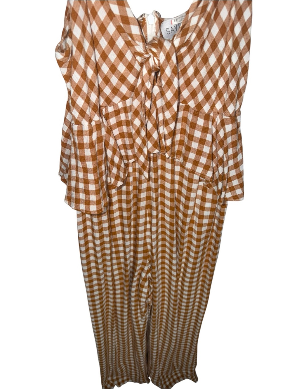 Saylor Gingham Jumpsuit Brown Wide Leg Tie Front Strappy Size L NWT - Picture 5 of 8